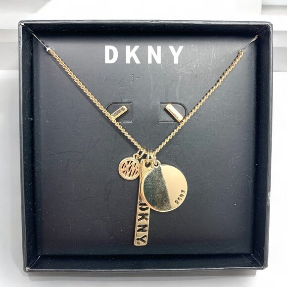 Dkny Gold Tone Necklace & Earrings Set 16" With 3" Extender NWT - Picture 4 of 11